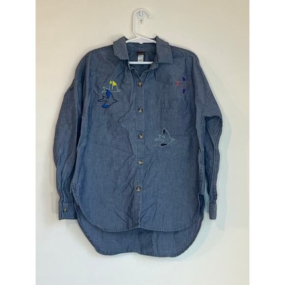 Tea Collection Embroidered Chambray Easy Button Up Shirt Girls Size 7 - Picture 1 of 9